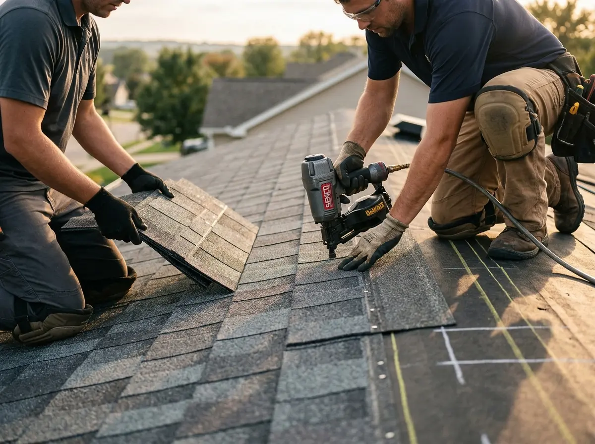 Professional roofer working on a residential roof in Meadow Woods